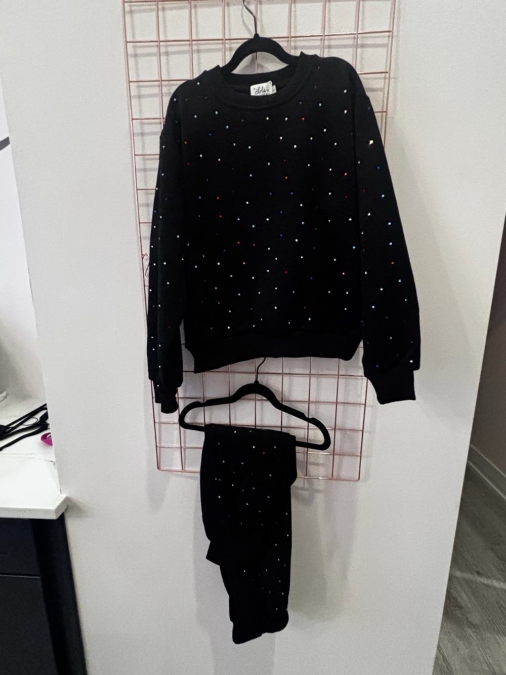 Lola + The Boys Black Crewneck Sweater with Multicolor Dots